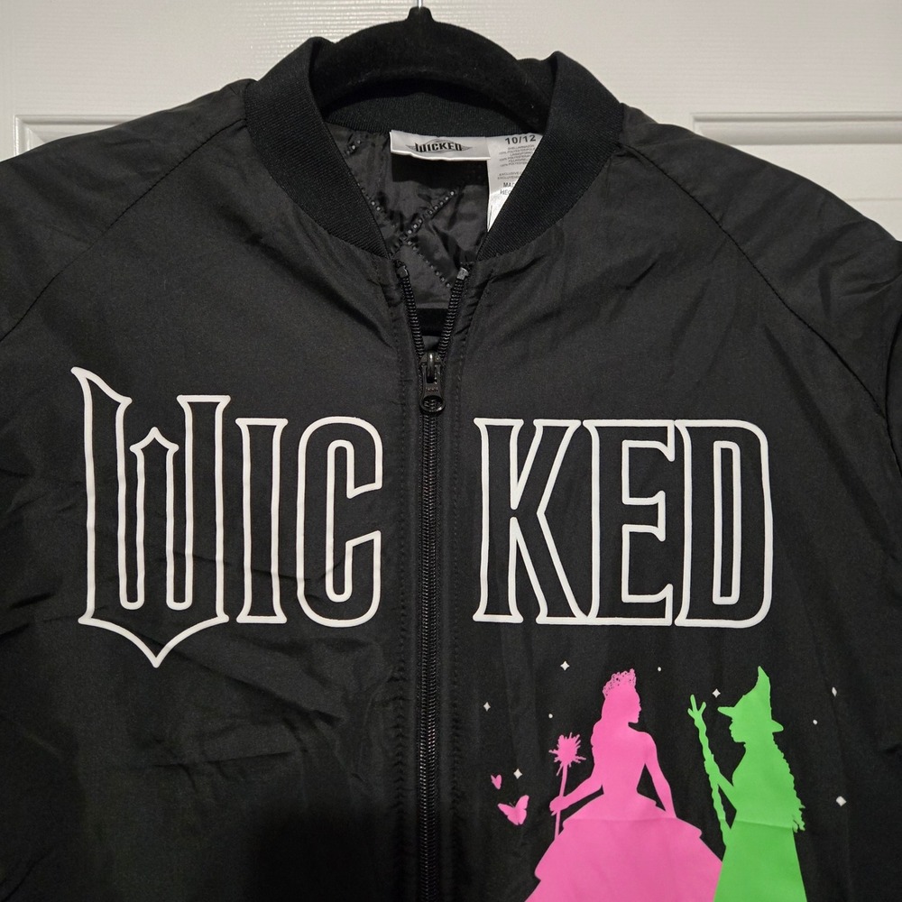 Wicked Movie Bomber Jacket Kids Girls Size 10/12 Black Glinda Elphaba Full Zip